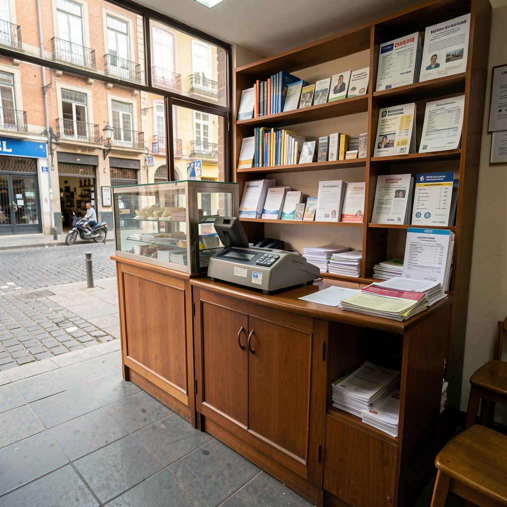 Pequeño comercio de barrio en Montevideo con mostrador, caja y documentos de ventas ordenados