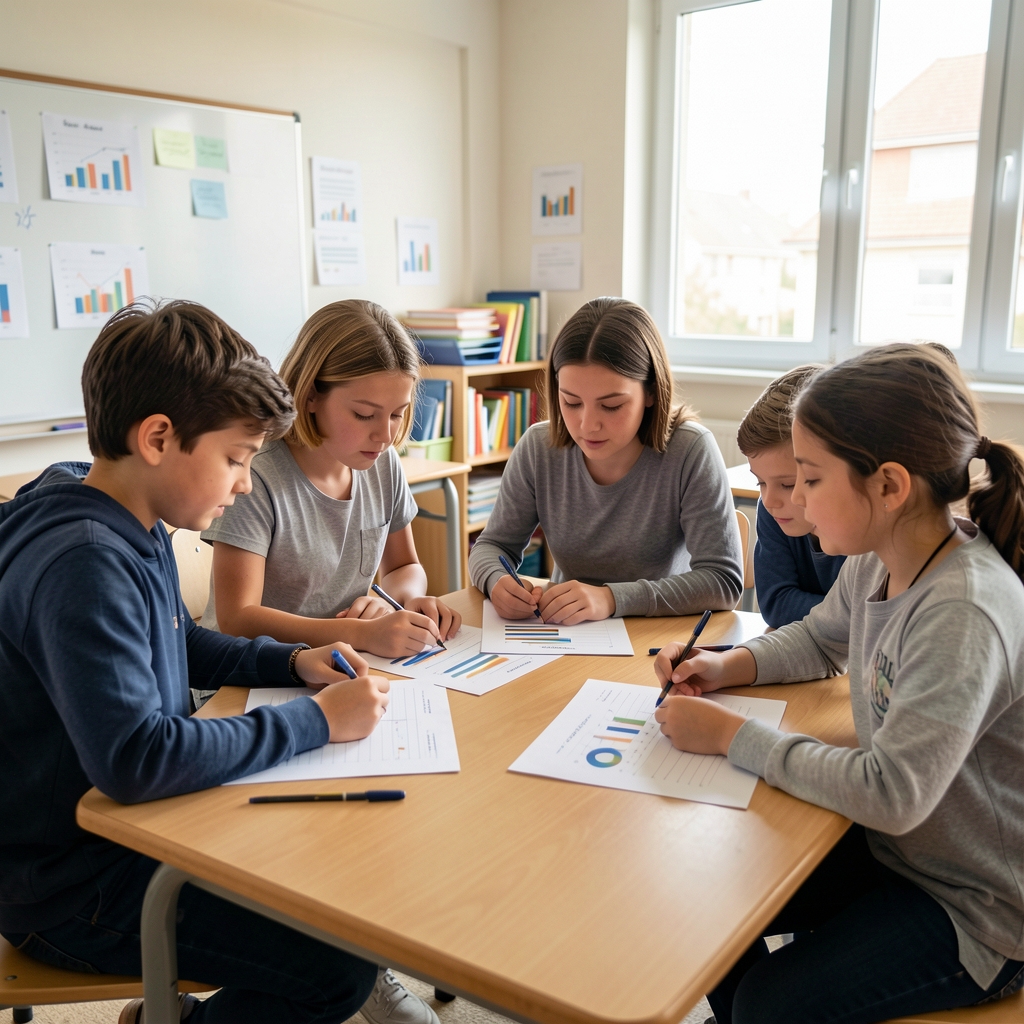 Pequeño grupo en un aula aprendiendo a organizar un presupuesto con gráficos impresos