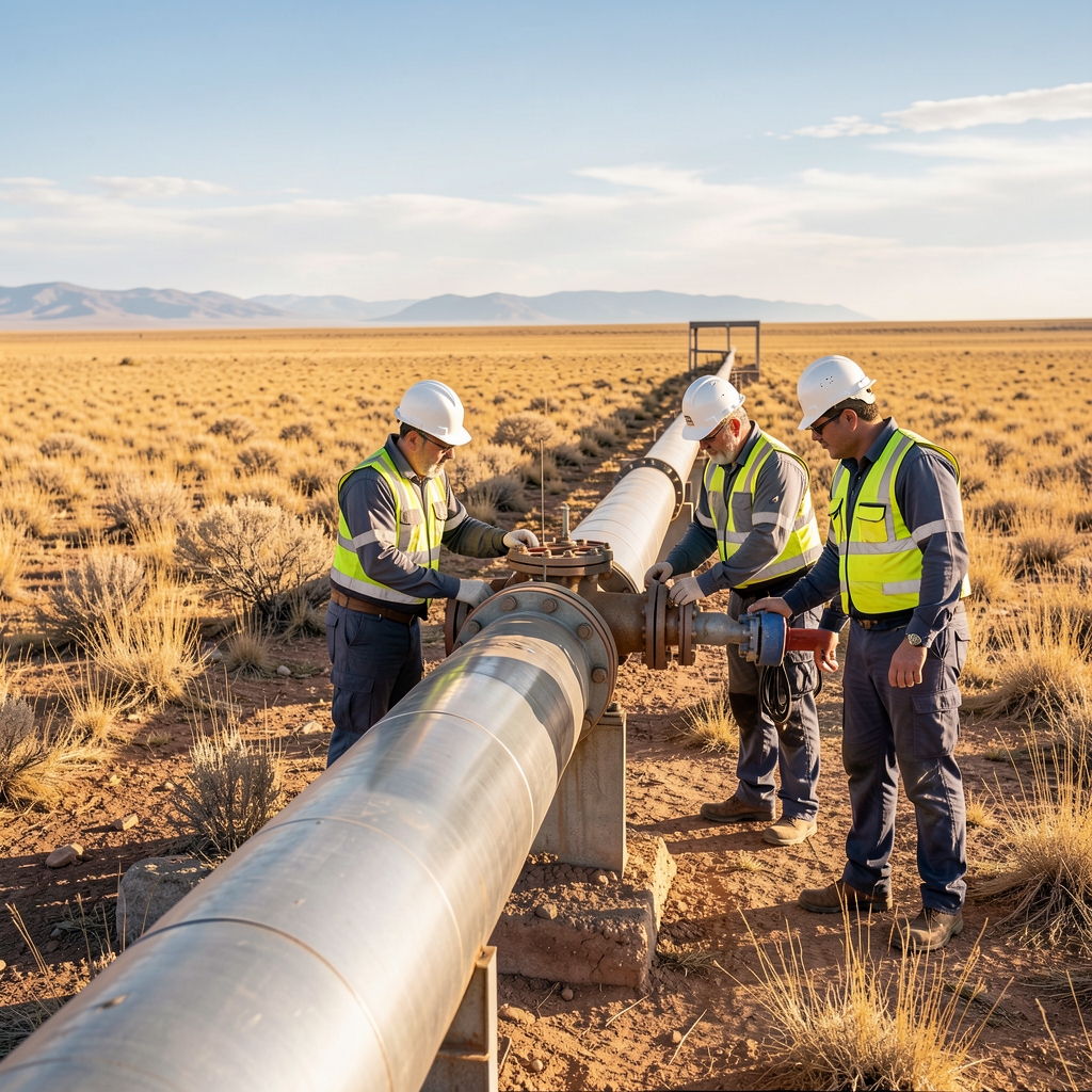 Gasoducto metálico recorriendo una estepa argentina con técnicos inspeccionando una válvula
