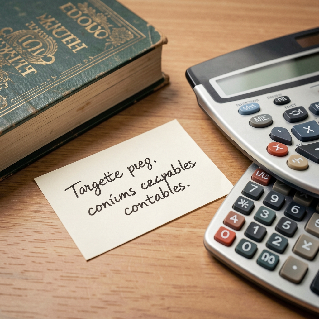 Tarjetas con términos contables escritas a mano junto a un diccionario y una calculadora de escritorio