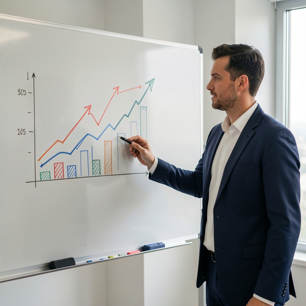 Analista señalando una pizarra con escenarios económicos y flechas de tendencia